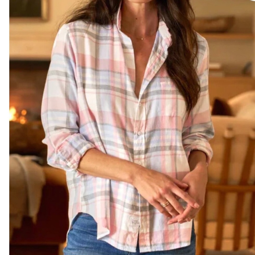 Frank & Eileen Eileen Italian Cashmere Touch Plaid Shirt Pink Blue Gray Small